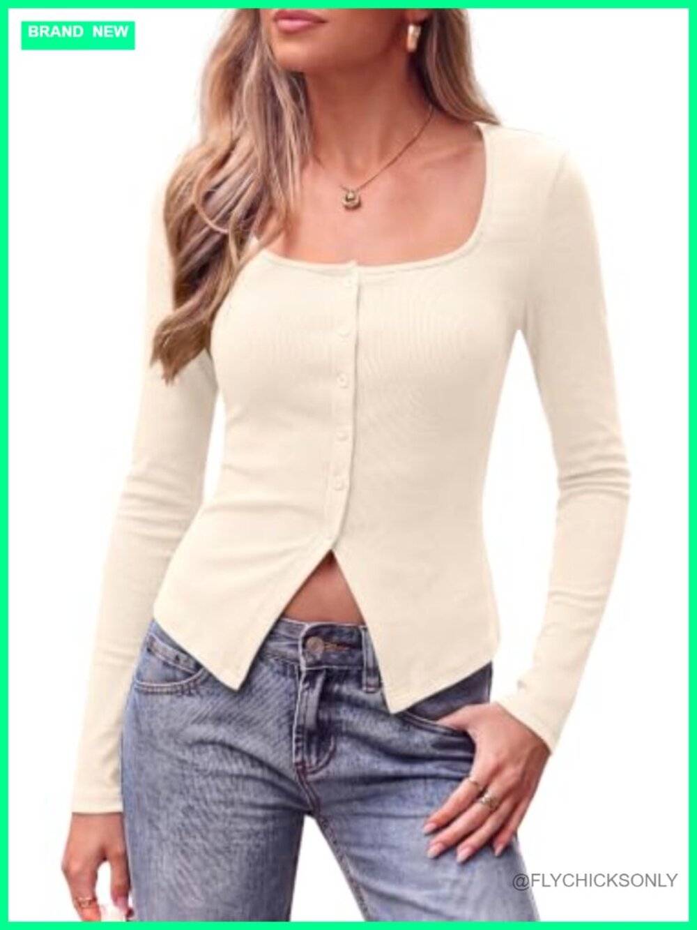 Ribbed Knit Long Sleeve Square Neck Button Cardigan Top